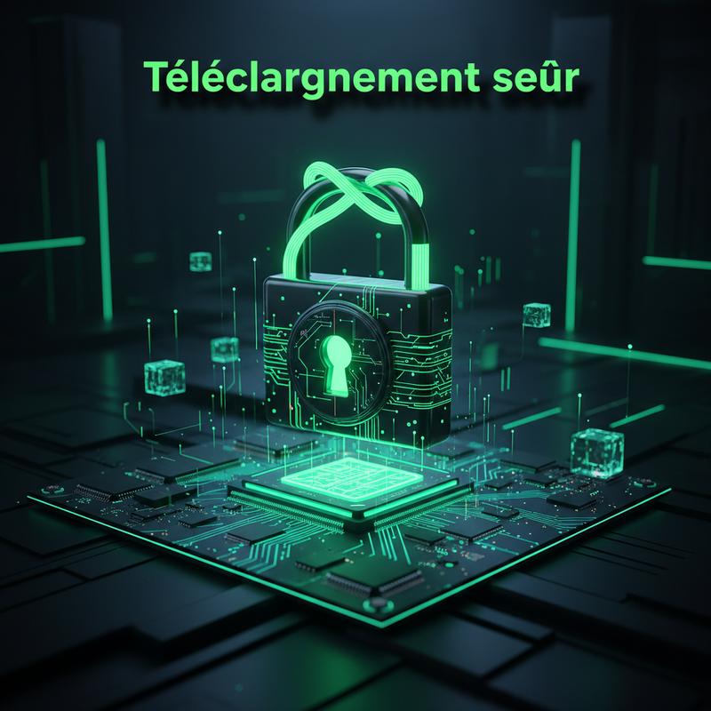 Un cadenas 3D lumineux en néon vert flotte au-dessus d'une carte mère d'ordinateur sombre avec le texte Téléchargement sûr écrit en lettres grasses.