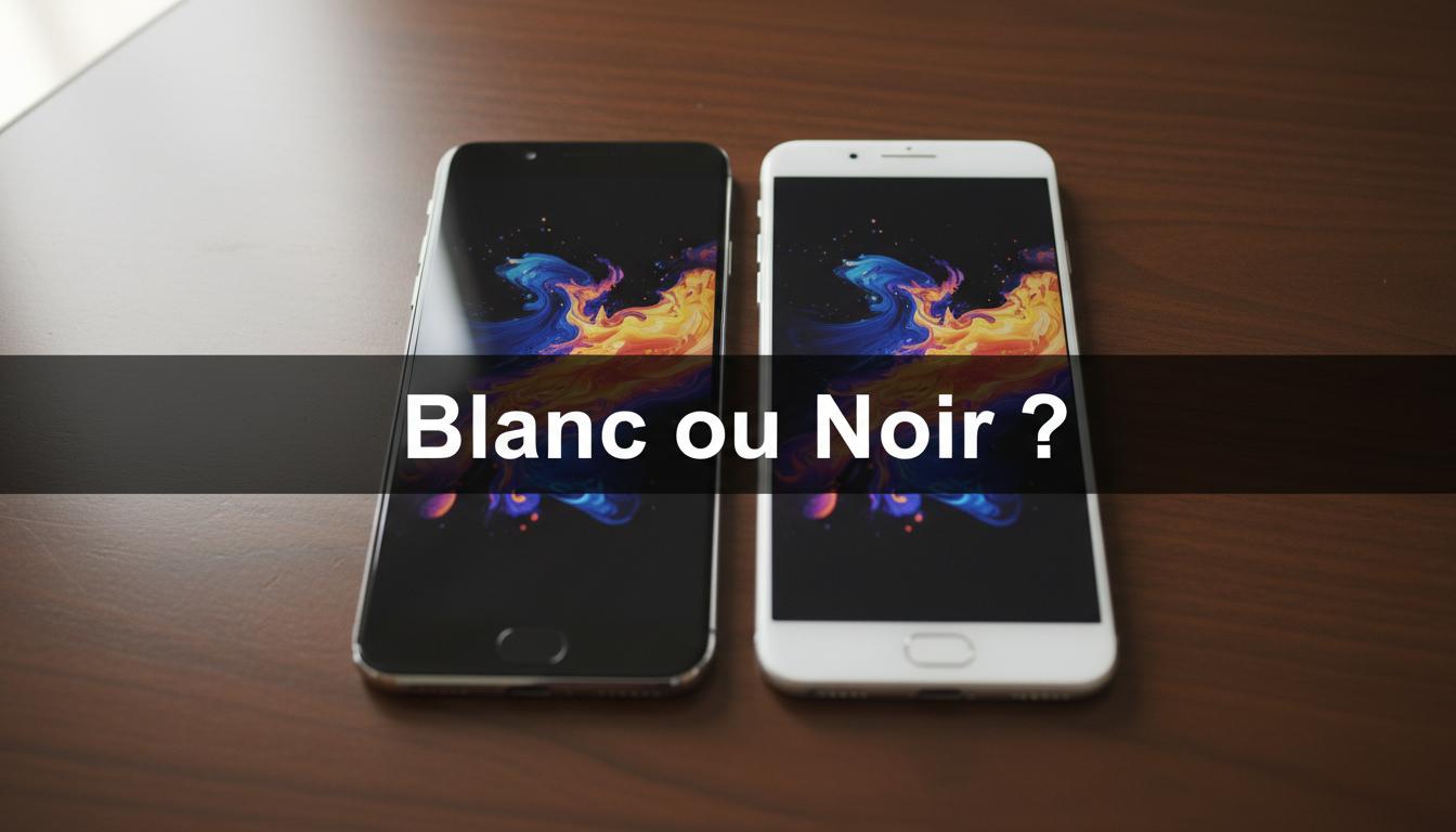 Deux smartphones sur un bureau en bois comparent des bordures d'écran noire et blanche, avec le texte Blanc ou Noir ? superposé sur un fond sombre.
