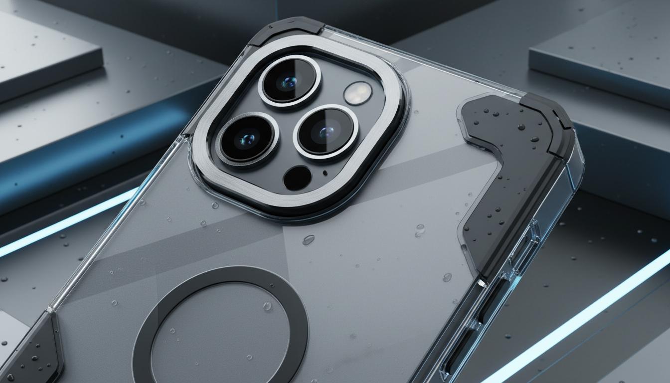 Gros plan macro sur l'angle antichoc d'une coque de smartphone avec rebord surélevé pour lentilles et anneau magnétique sous un éclairage bleu et argenté.