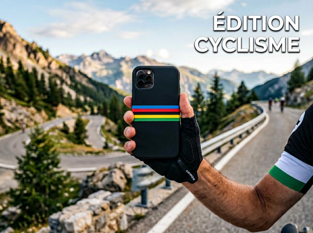 Main gantée tenant une coque de smartphone noire aux bandes arc-en-ciel UCI sur une route de montagne avec le texte Édition Cyclisme.