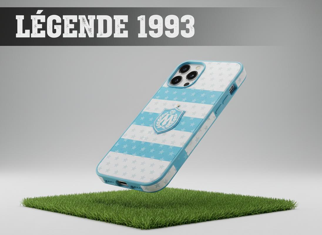 Coque de smartphone blanche et bleu ciel avec motifs d'étoiles embossées lévitant au-dessus d'un gazon, inscription Légende 1993 en typographie vintage.