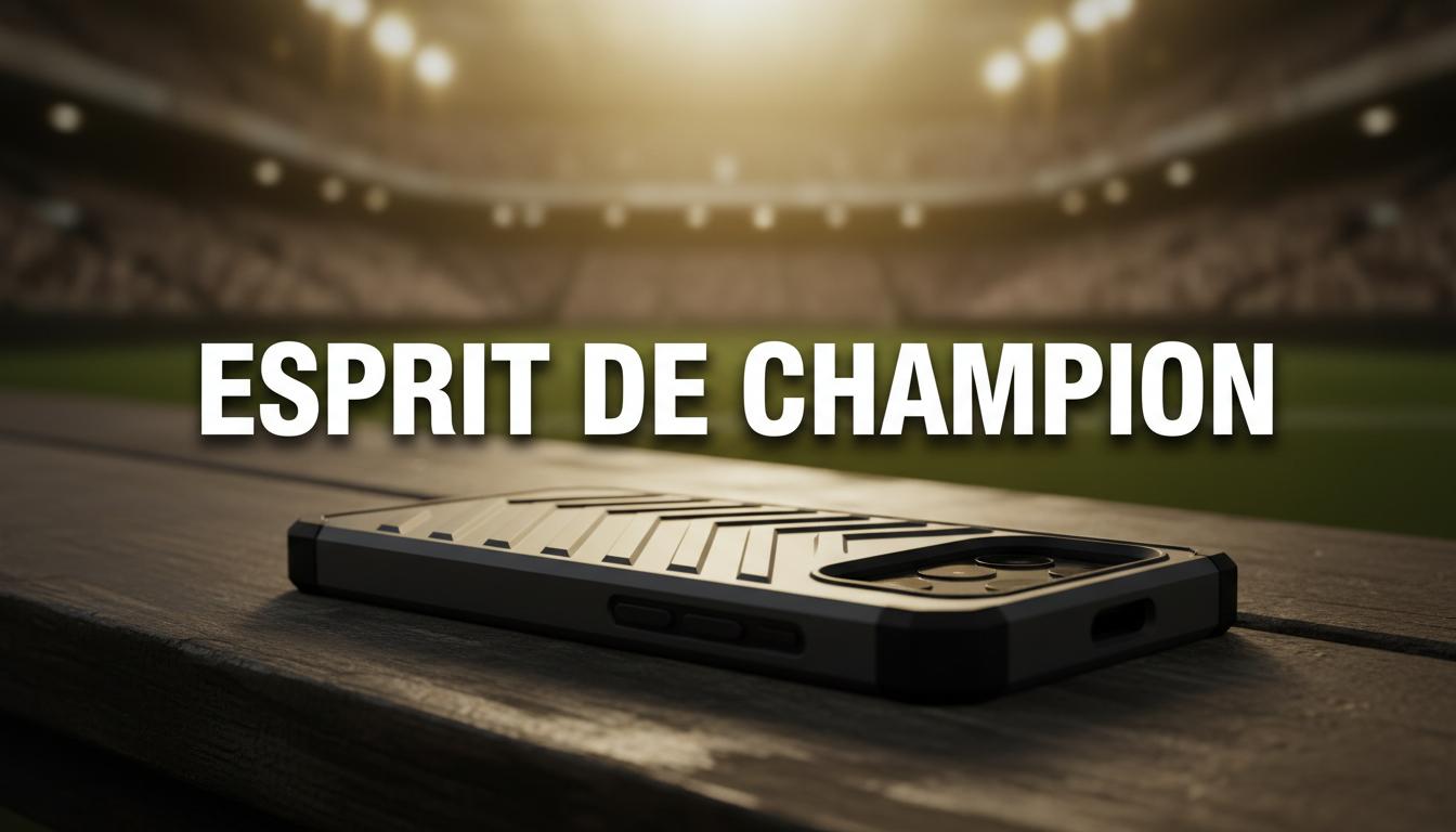 Une coque de smartphone robuste et texturée repose sur un banc de vestiaire en bois devant un tunnel de stade lumineux avec le texte Esprit de Champion.