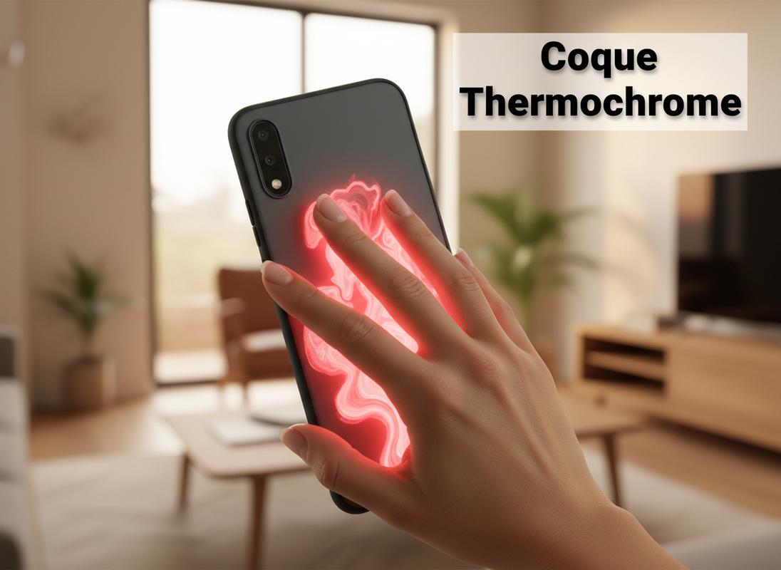 Une main presse le dos d'une coque de smartphone grise qui change de couleur en rouge fluo par transfert thermique avec le texte Coque Thermochrome.