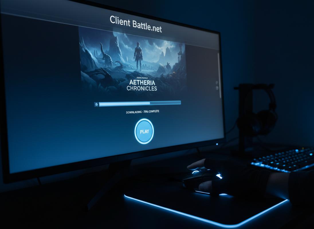 Main de joueur cliquant sur le bouton lumineux d’un jeu dans l’interface de launcher Battle.net avec barre de progression sur écran bleu.