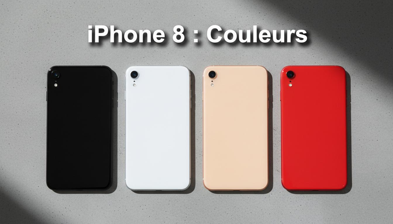 Quatre iPhone 8 aux finitions noir, blanc, crème et rouge sont disposés à plat sur une surface en béton avec l'inscription textuelle iPhone 8 : Couleurs.
