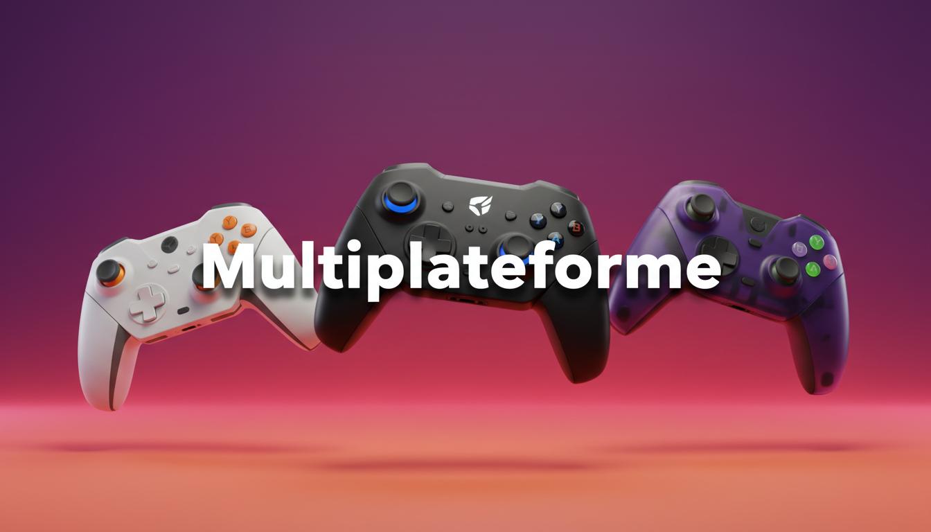 Trois manettes de consoles de jeux vidéo modernes flottent devant un dégradé violet et orange avec le texte Multiplateforme écrit en lettres grasses.