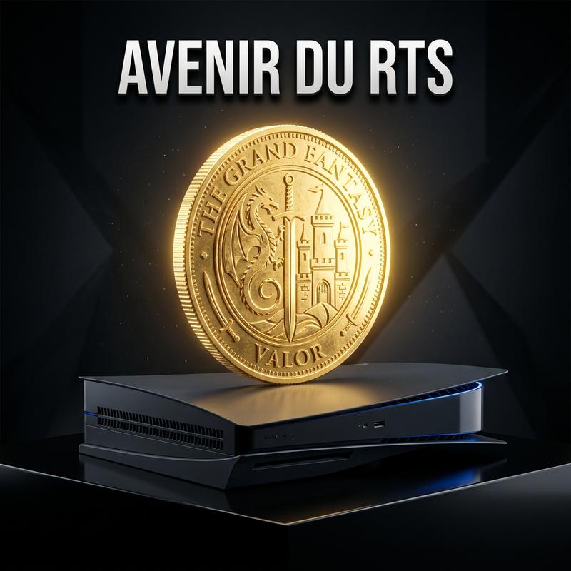Une pièce d'or géante et lumineuse tient en équilibre sur une console de jeux vidéo moderne et épurée avec l'inscription textuelle Avenir du RTS.