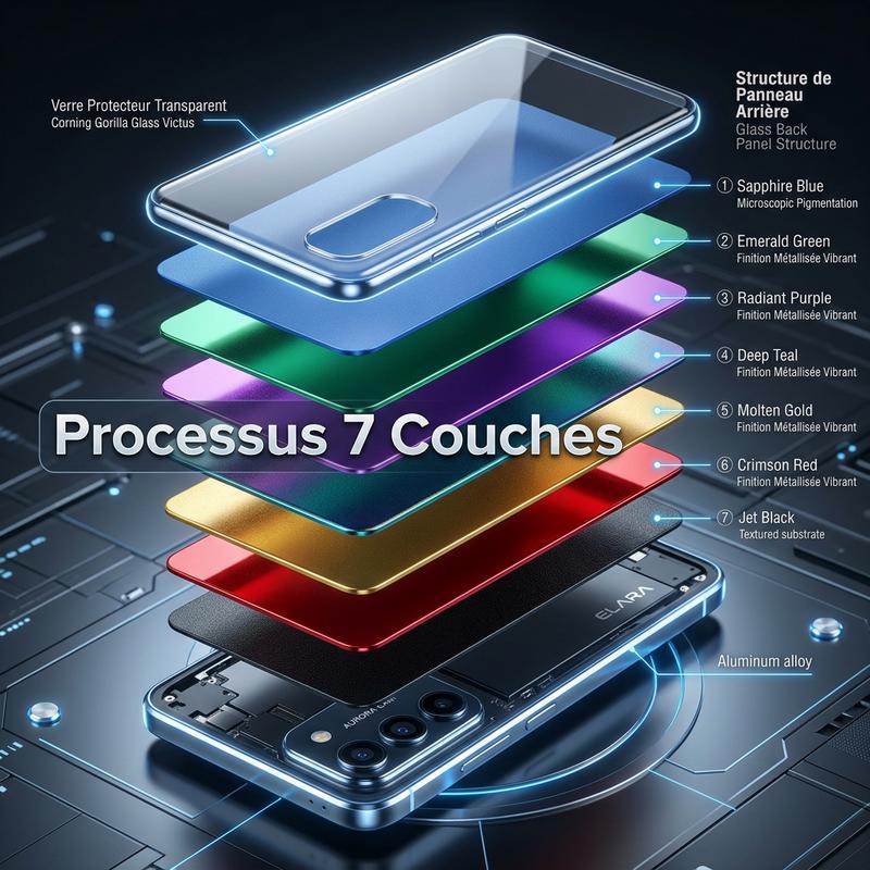 Vue éclatée montrant sept couches de pigments métalliques superposées sous la vitre arrière d’un smartphone avec inscription Processus 7 Couches.