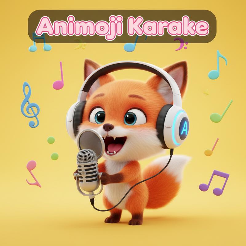 Un renard stylisé en 3D portant un casque chante dans un micro de studio sur un fond jaune vif avec des notes de musique et l'inscription Animoji Karaoke.