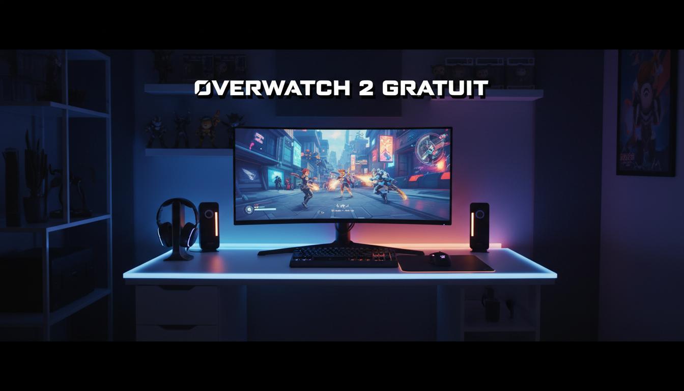 Un poste de jeu moderne au design épuré illuminé de néons bleus et orange affichant Overwatch 2 sur l'écran avec le texte Overwatch 2 Gratuit en surimpression.