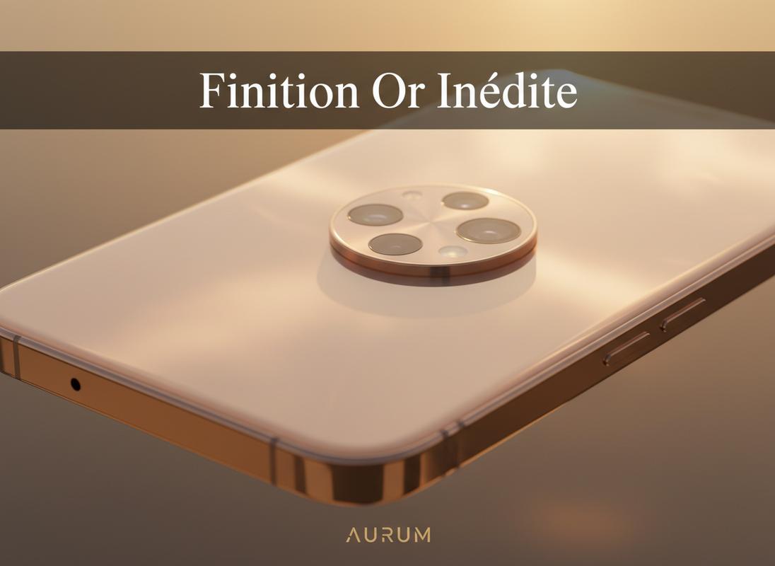 Dos d'un smartphone en verre brillant crème pêche reflétant une lumière dorée avec le texte Finition Or Inédite sur un bandeau sombre transparent.