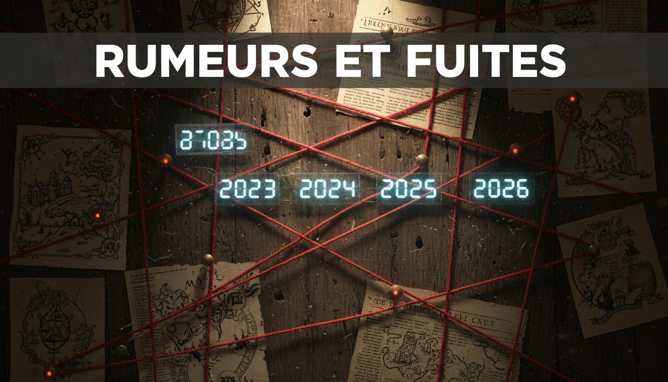 Un tableau d'enquêteur sombre présente des illustrations fantastiques et des dates brillantes reliées par des fils rouges sous l'inscription Rumeurs et Fuites.