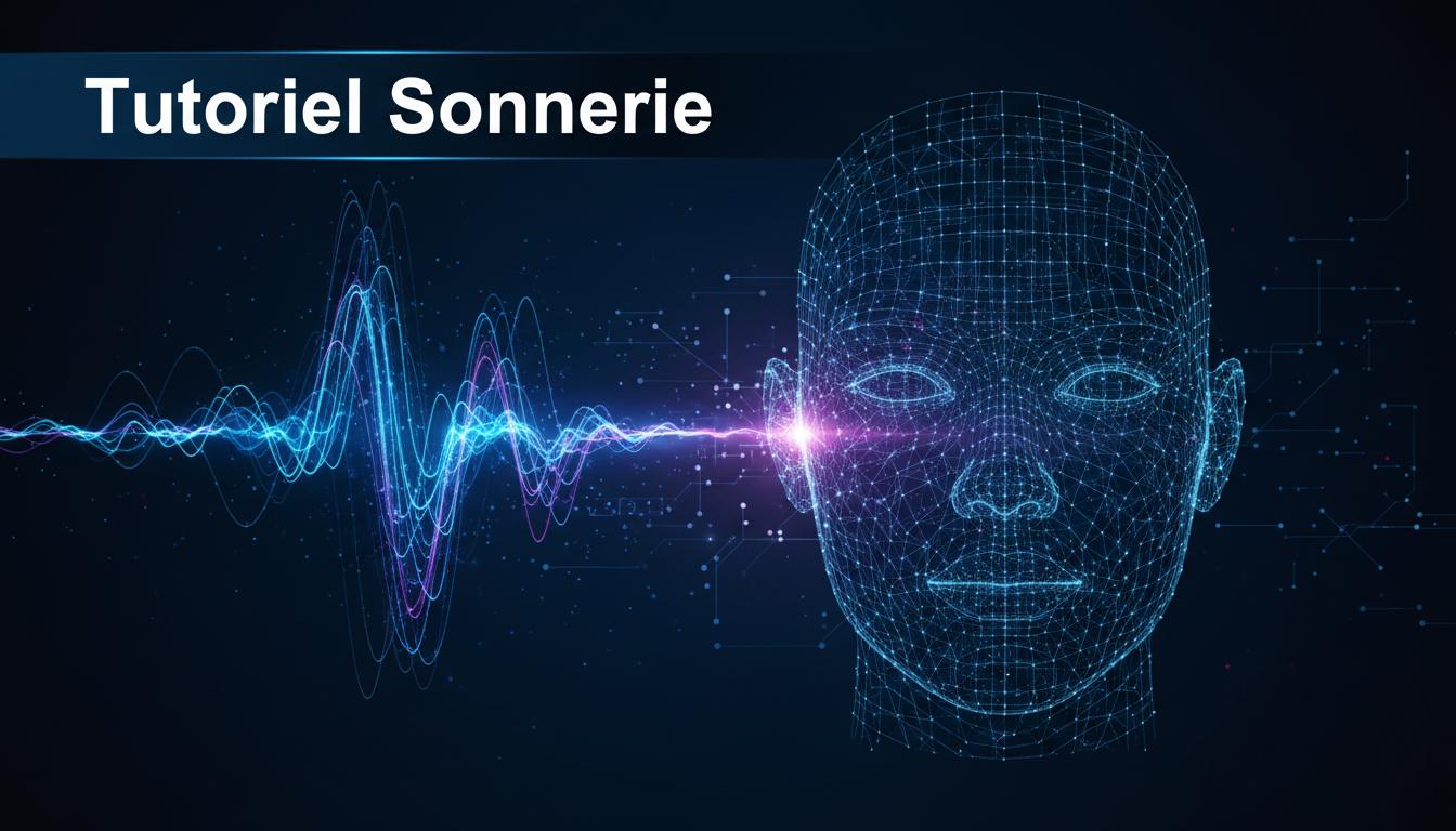 Une onde sonore lumineuse fusionne avec une grille faciale biométrique sur un fond bleu nuit avec des particules numériques scintillantes.