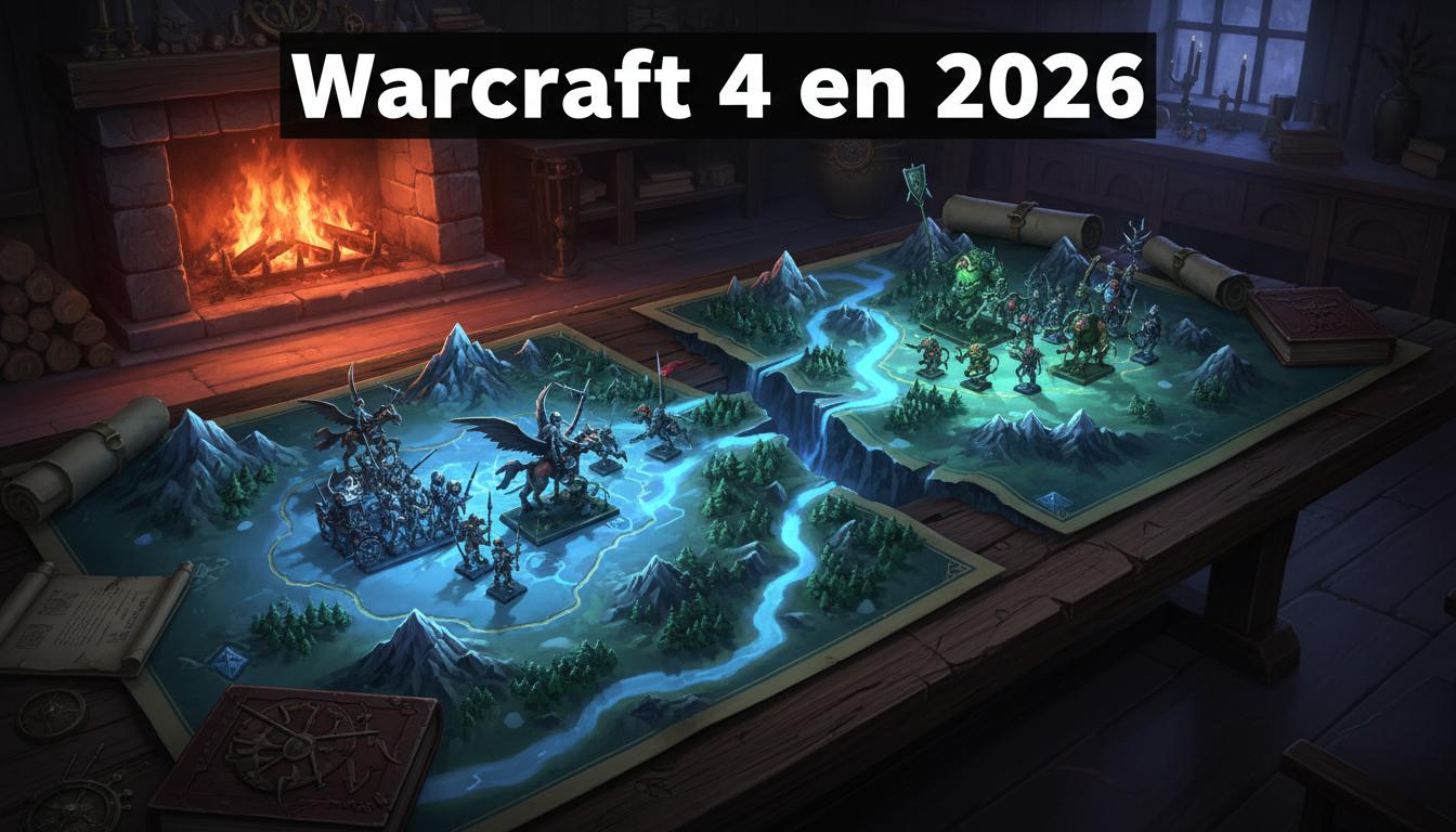 Une carte de guerre fantastique lumineuse sur une table présente des miniatures de chevaliers et de monstres en bataille avec le texte Warcraft 4 en 2026.