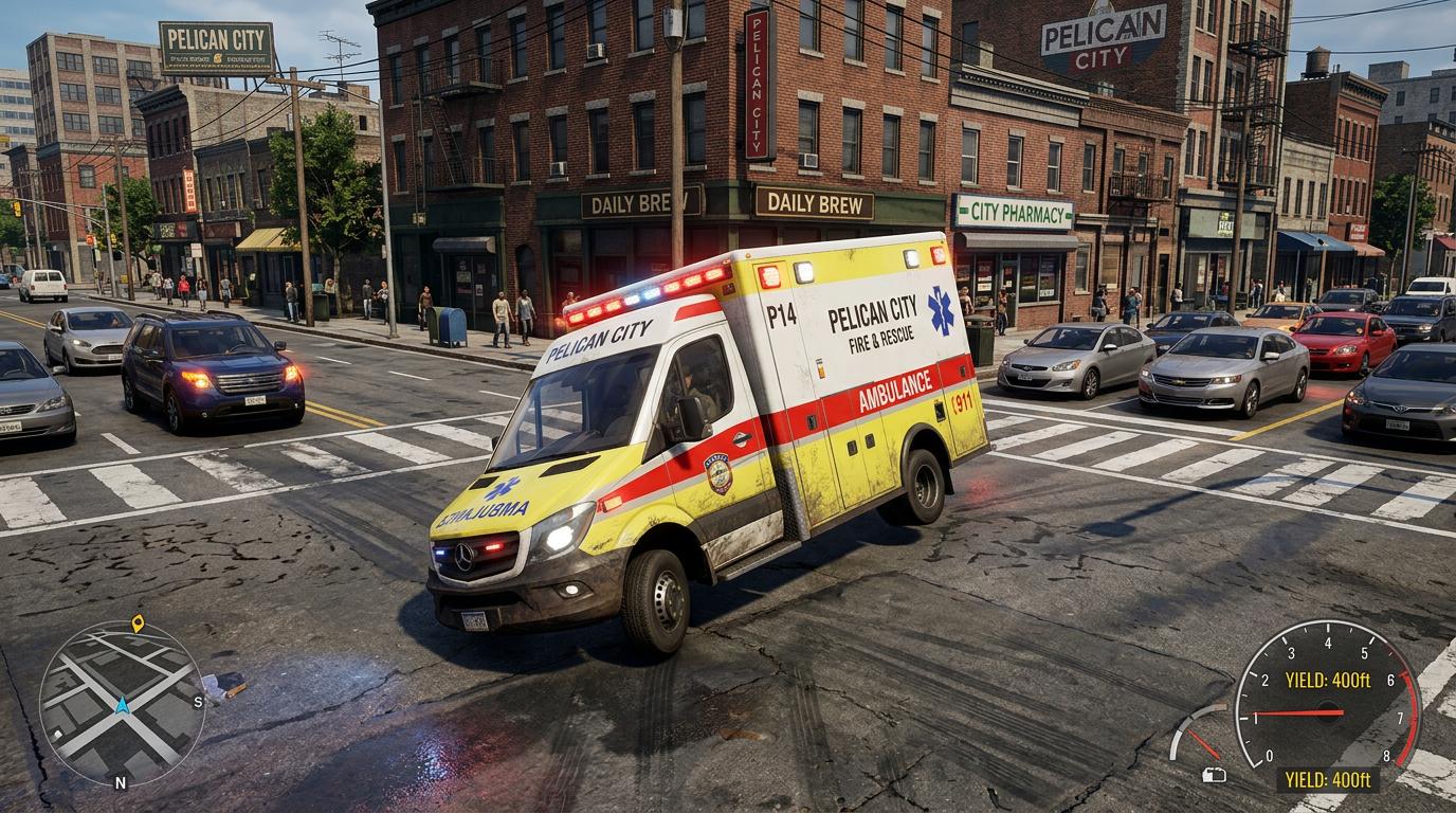 Une ambulance de type européen négocie un virage serré dans Pelican City pendant que les autres véhicules s'écartent pour lui laisser le passage.