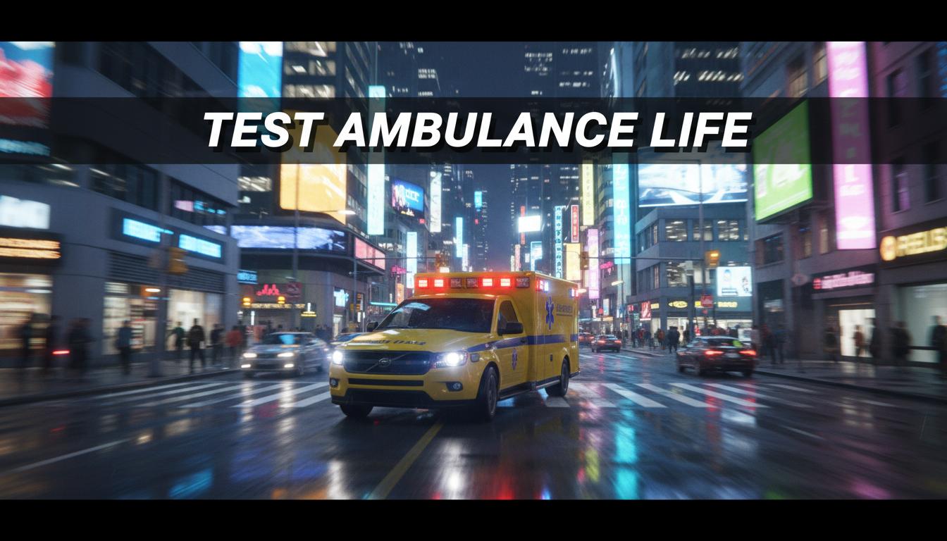 Ambulance jaune aux gyrophares clignotants traversant une métropole américaine sous les néons avec le texte TEST AMBULANCE LIFE en superposition.