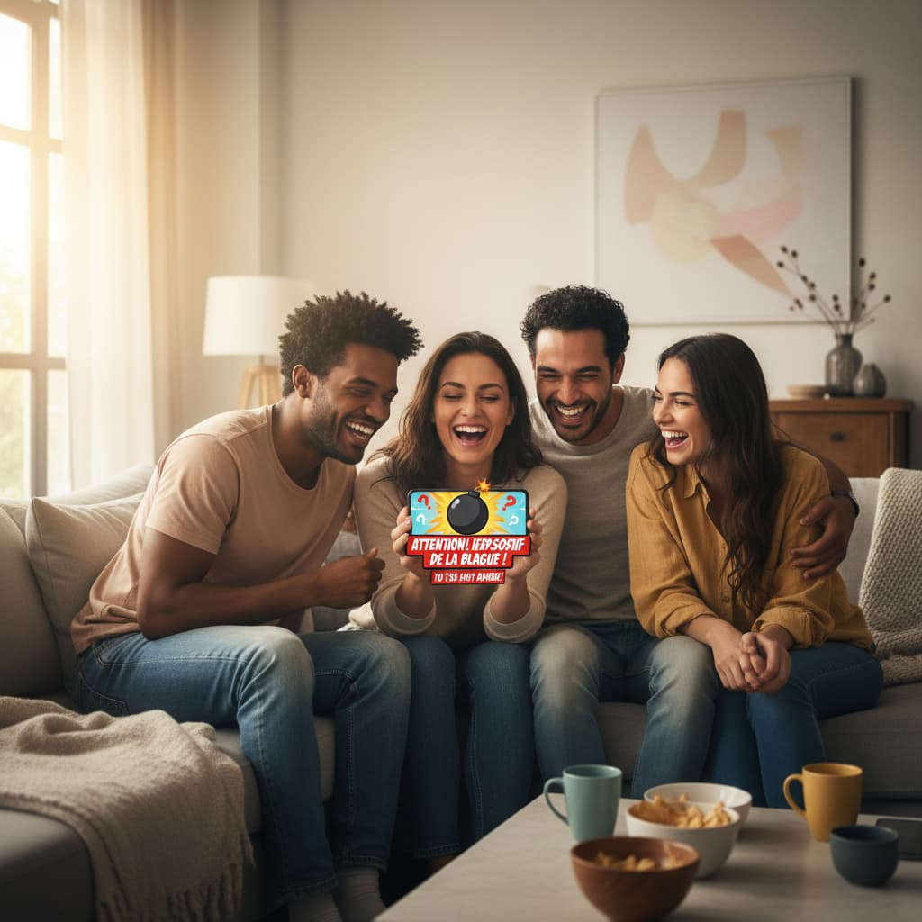 Des amis de diverses origines rient dans un salon chaleureux devant un smartphone affichant une animation de bombe cartoonesque.