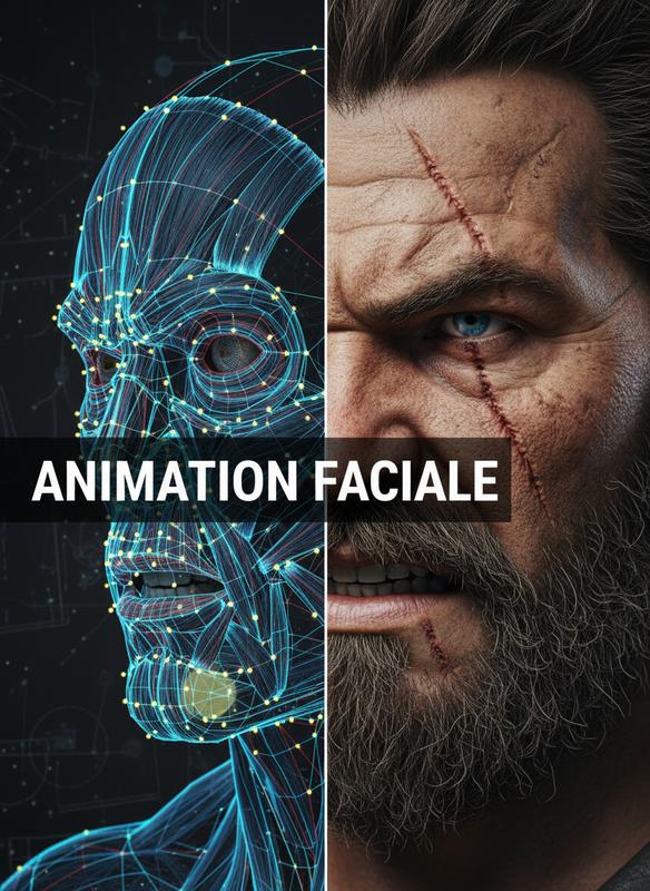 Visage de guerrier médiéval fragmenté montrant un rig de capture de mouvement avec points de suivi et texture de peau expressive avec texte ANIMATION FACIALE.