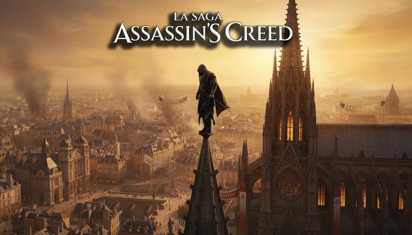 Un assassin encapuchonné observe une ville historique depuis la flèche d'une cathédrale au soleil couchant avec le texte La Saga Assassin's Creed.