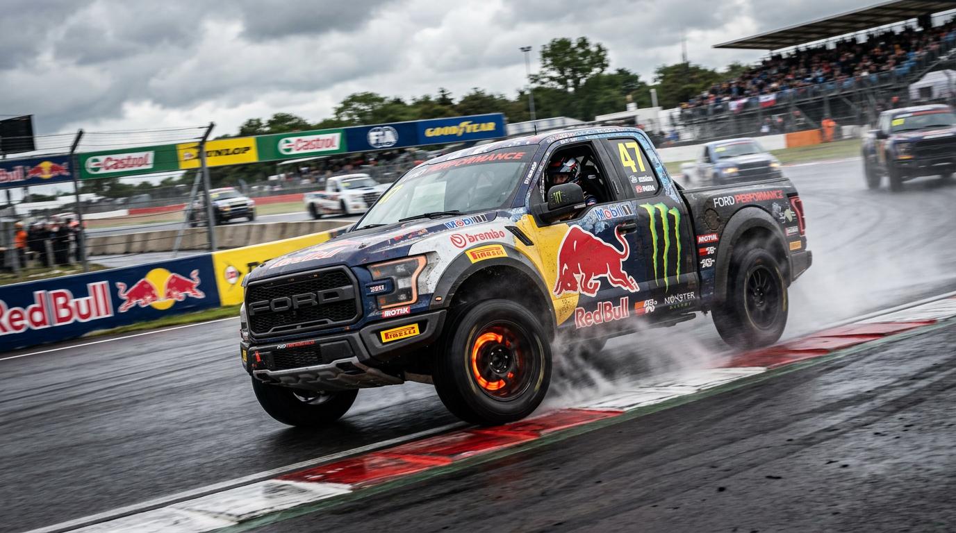 Un camion de course sponsorisé négocie un virage serré sur circuit, penchant sur sa suspension avec de la vapeur d'eau s'échappant de ses freins incandescents.