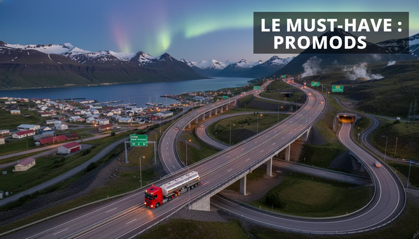 Un camion traverse un échangeur routier complexe avec des panneaux indicateurs en français, entouré de montagnes islandaises sous un ciel nuageux, un overlay sombre affiche 'LE MUST-HAVE : PROMODS'.