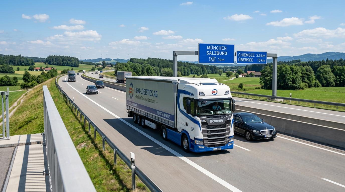 Camion semi-remorque européen moderne roulant sur autoroute allemande avec panneaux bleus et véhicules autour sous une vue plongeante.