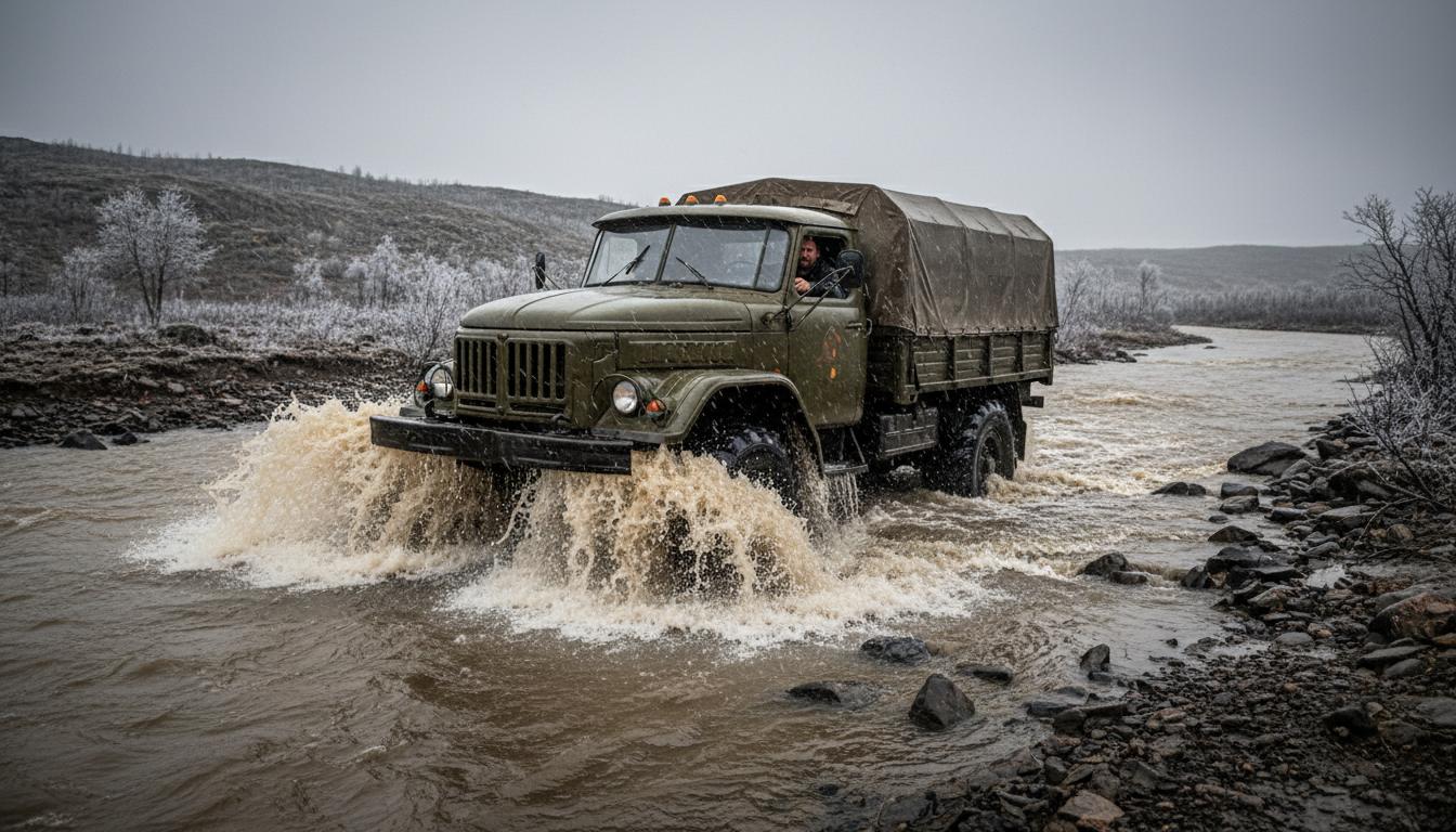 Un camion militaire soviétique robuste traverse une rivière en crue dans un paysage gris et boueux avec de l'eau éclaboussant violemment ses larges pneus.