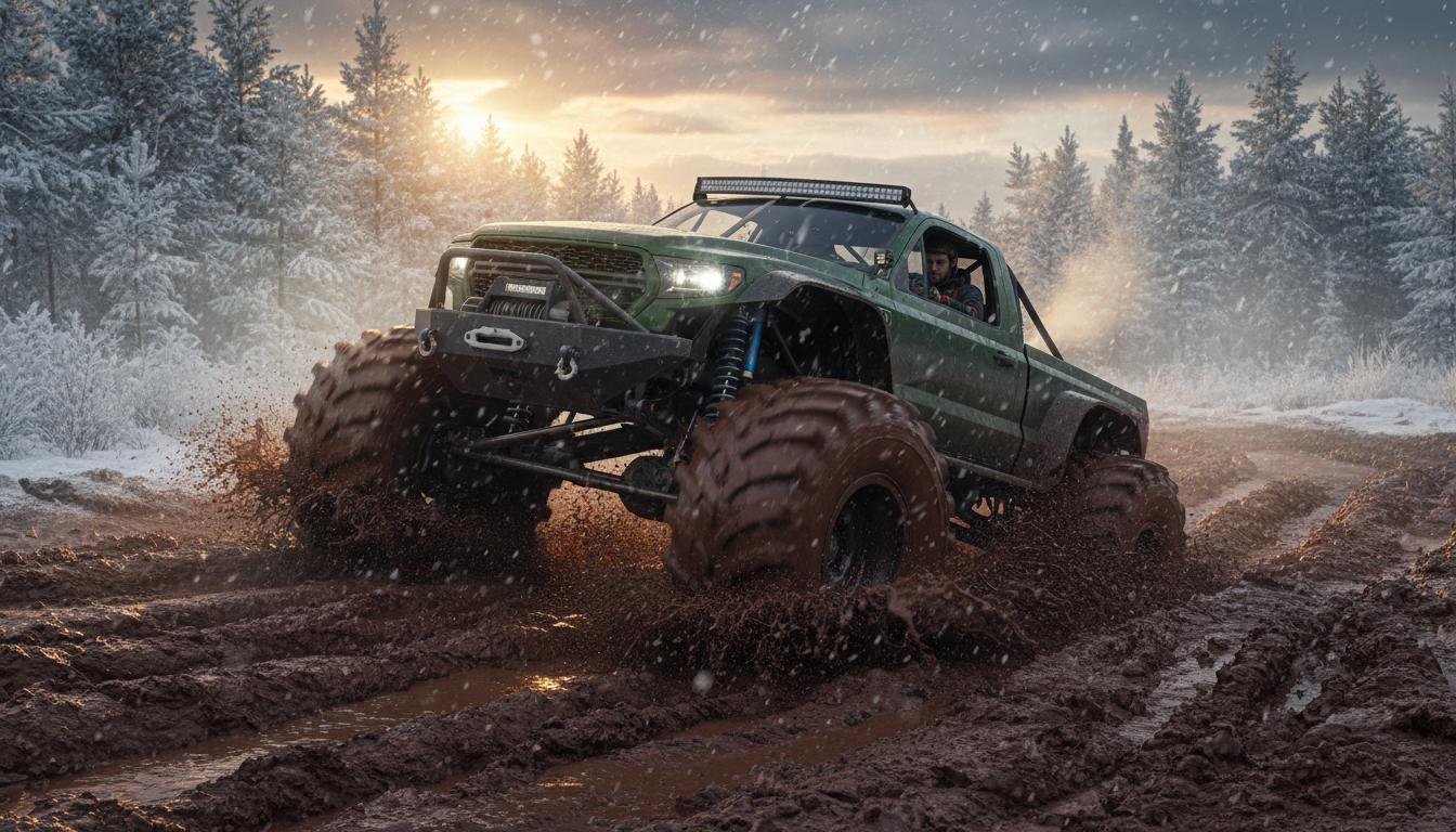 Un robuste camion tout-terrain progresse avec difficulté dans une boue épaisse au milieu d'une forêt enneigée sous un éclairage dramatique.