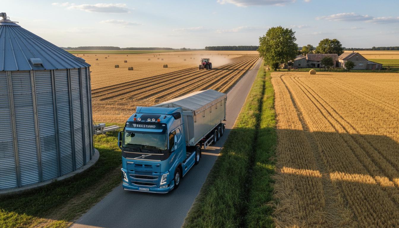 Un camion de transport européen avec remorque stationne près d'un silo à grains massif dans une ferme ensoleillée où un tracteur travaille en arrière-plan.