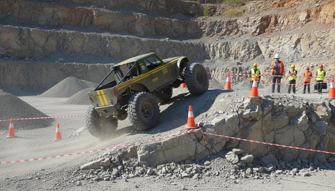Un camion de trial massif franchit un passage escarpé en équilibre sur d'énormes blocs de roche au milieu d'une carrière balisée par des cônes de sécurité.