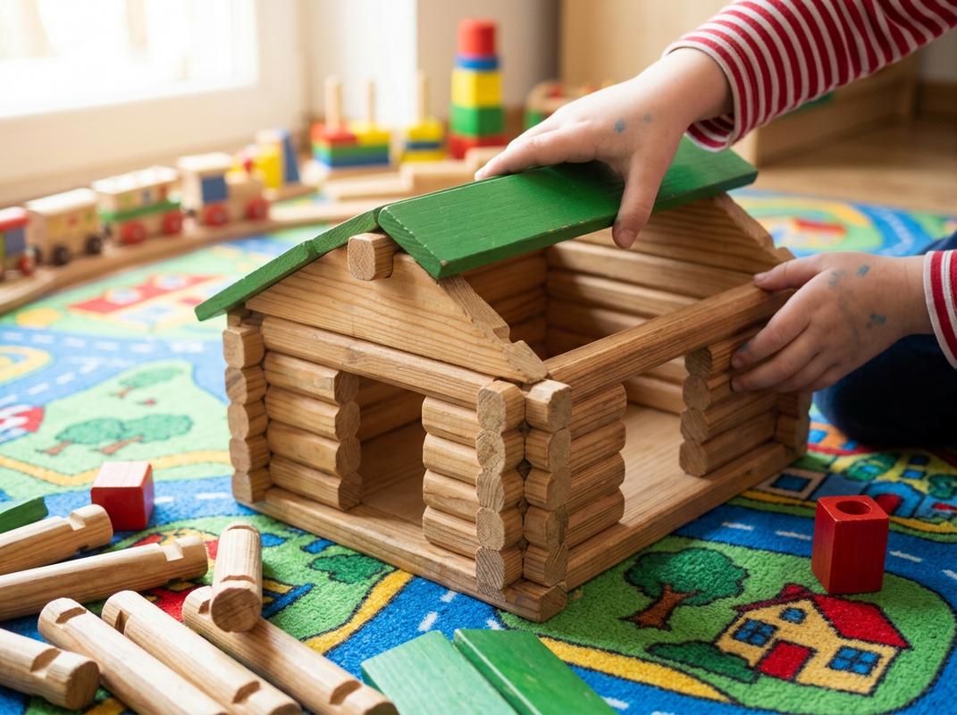 Une maisonnette Smoby en plastique coloré avec un petit toboggan, une porte rouge et des volets jaunes au milieu d'un jardin verdoyant et ensoleillé.