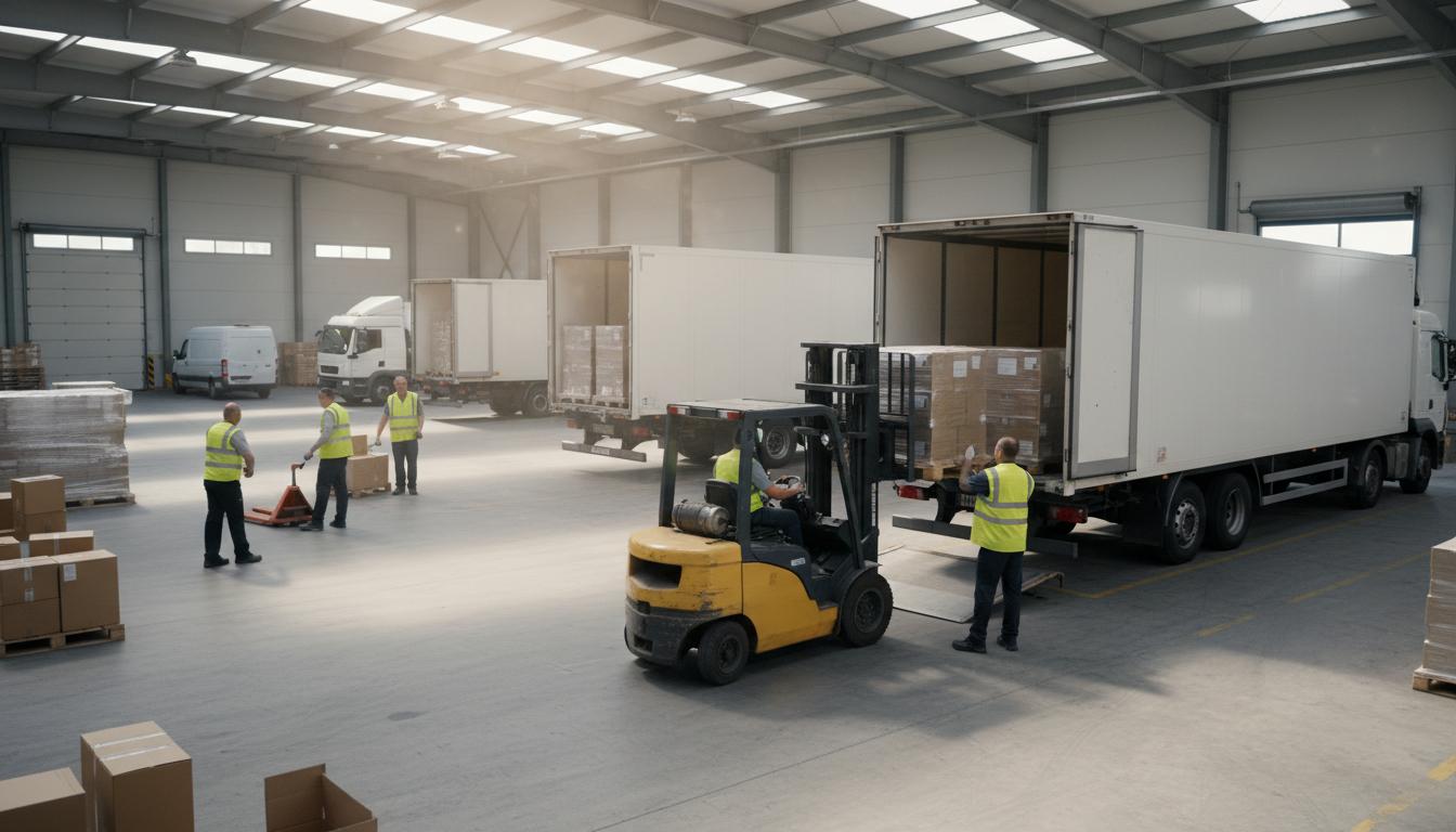 Un chariot élévateur jaune charge des palettes de bois à l'arrière d'un camion de livraison dans un centre logistique animé sous une lumière du jour éclatante.