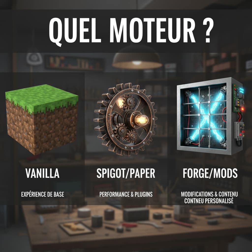Un bloc d'herbe, un engrenage et un condensateur de flux lumineux s'alignent dans un atelier flou sous le texte Quel moteur pour choisir son serveur Minecraft.
