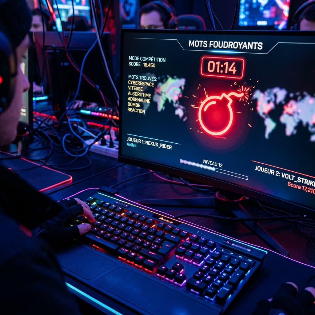 Un clavier mécanique rétroéclairé dans une ambiance cyberpunk reflète une silhouette de bombe rouge incandescente sur un écran de jeu de mots compétitif.