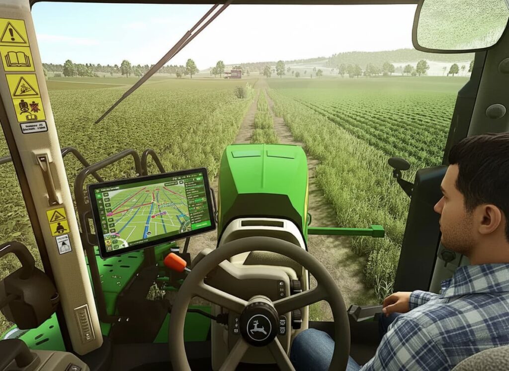 Un cockpit de tracteur moderne dans Farming Simulator 25 montre un écran GPS avec un itinéraire de récolte en français et un passager installé en cabine.