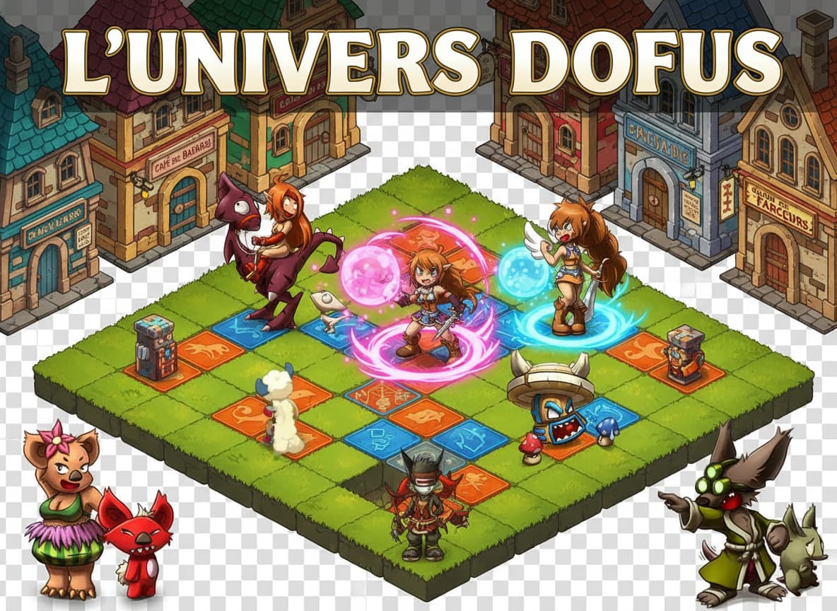 Des personnages au style manga français lancent des sorts sur une grille de combat hexagonale dans un décor urbain fantastique avec le texte L'UNIVERS DOFUS.
