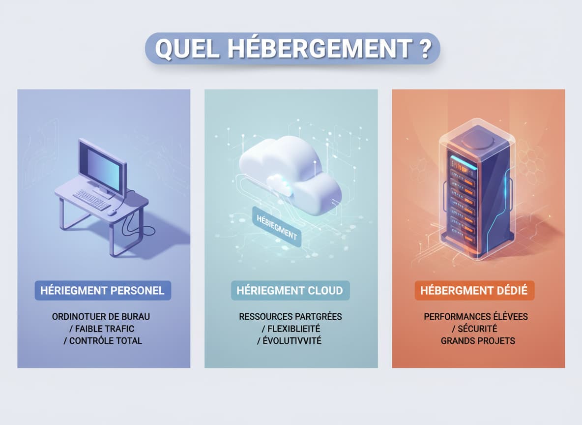 Trois styles d'hébergement informatique en vue isométrique 3D avec un PC domestique, un nuage et un serveur professionnel sous le titre Quel hébergement ?