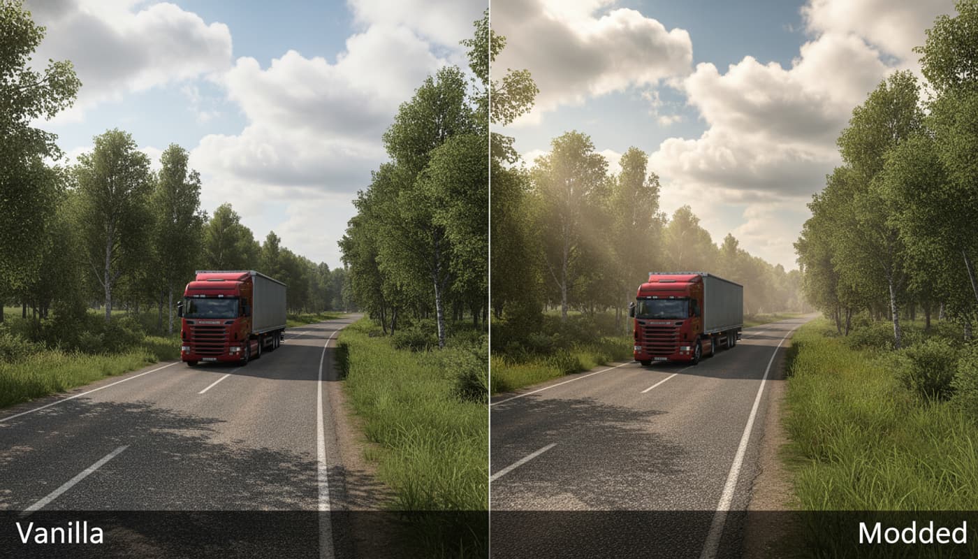 Comparaison visuelle en écran partagé du jeu Euro Truck Simulator 2, côté gauche version vanilla aux graphismes standard, côté droit version moddée avec éclairage réaliste, textures haute résolution, végétation dense et nuages volumétriques.