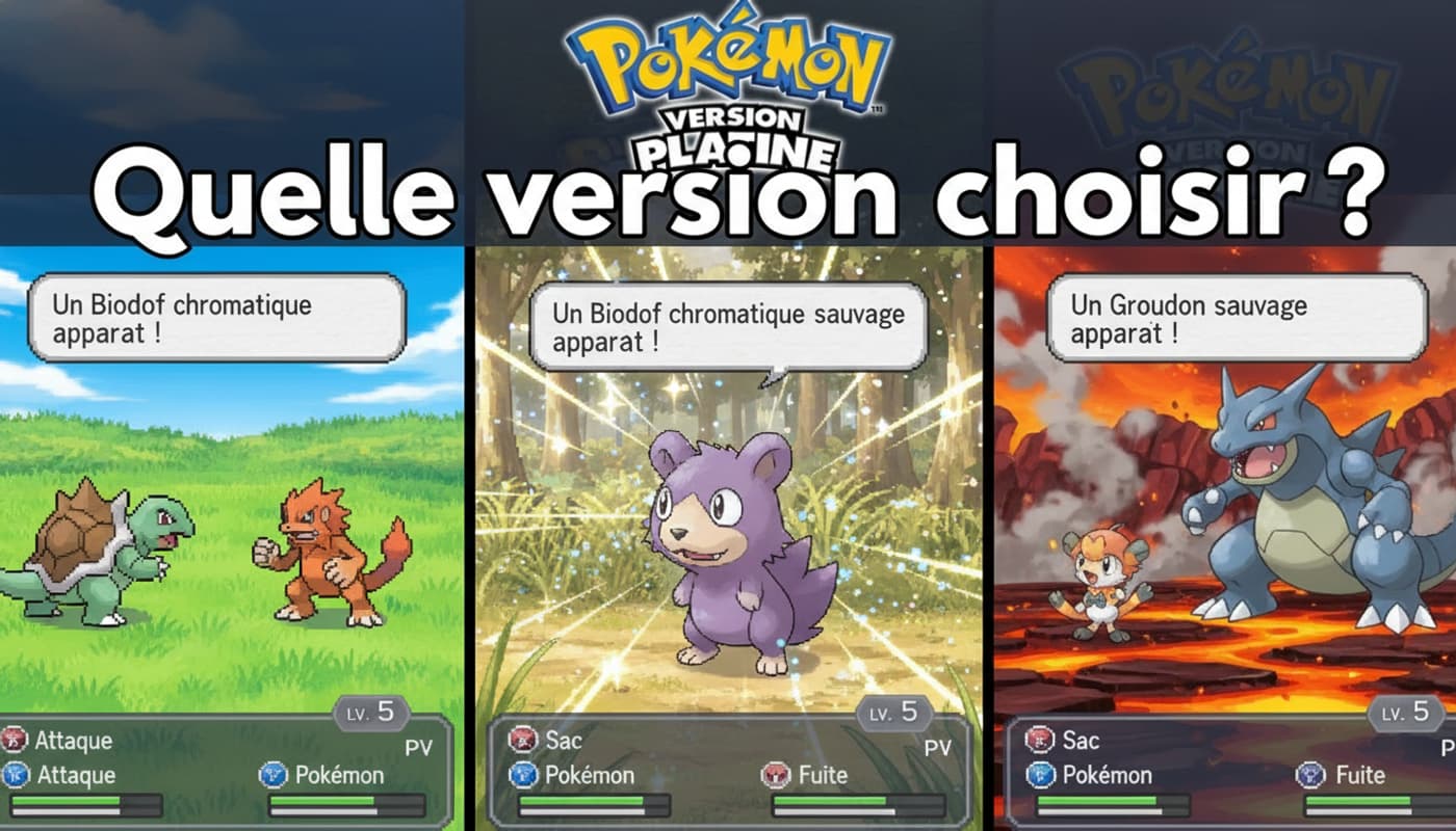 Split-screen graphique montrant trois styles de jeu de Pokémon Platinum : combat classique à gauche, rencontre avec un Pokémon chromatique scintillant au centre, et rencontre chaotique avec un légendaire à droite, avec texte 'Quelle version choisir ?' en surimpression.