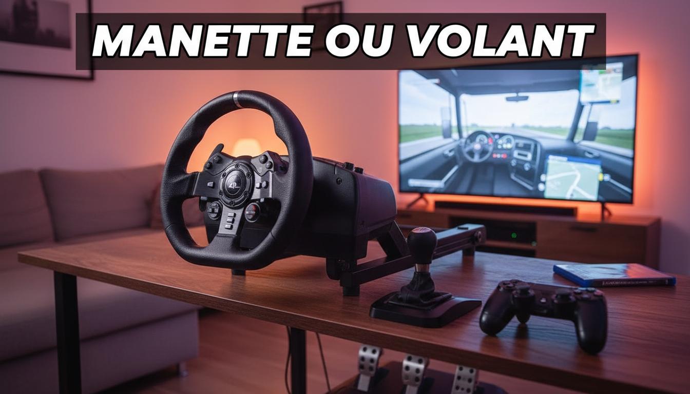 Volant de course haut de gamme et manette PlayStation 4 posés sur un bureau avec un écran affichant un simulateur de camion et le texte Manette ou Volant.