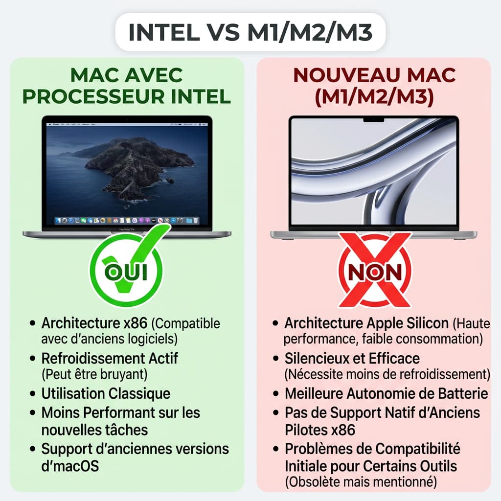 Infographie présentant un Mac Intel à gauche avec icône verte OUI et un Mac Apple Silicon à droite avec icône rouge NON, texte INTEL VS M1/M2/M3.