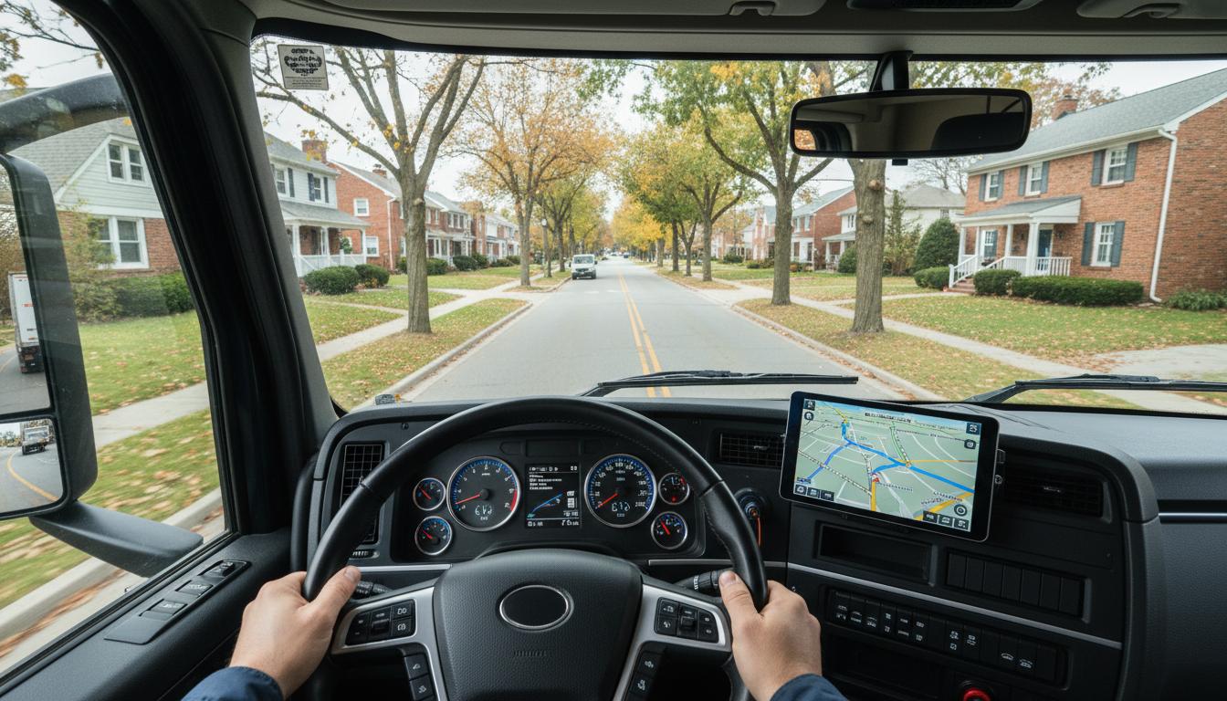 Mains d'un conducteur sur le volant d'un camion avec vue sur un tableau de bord détaillé, un écran GPS et une rue de banlieue paisible.