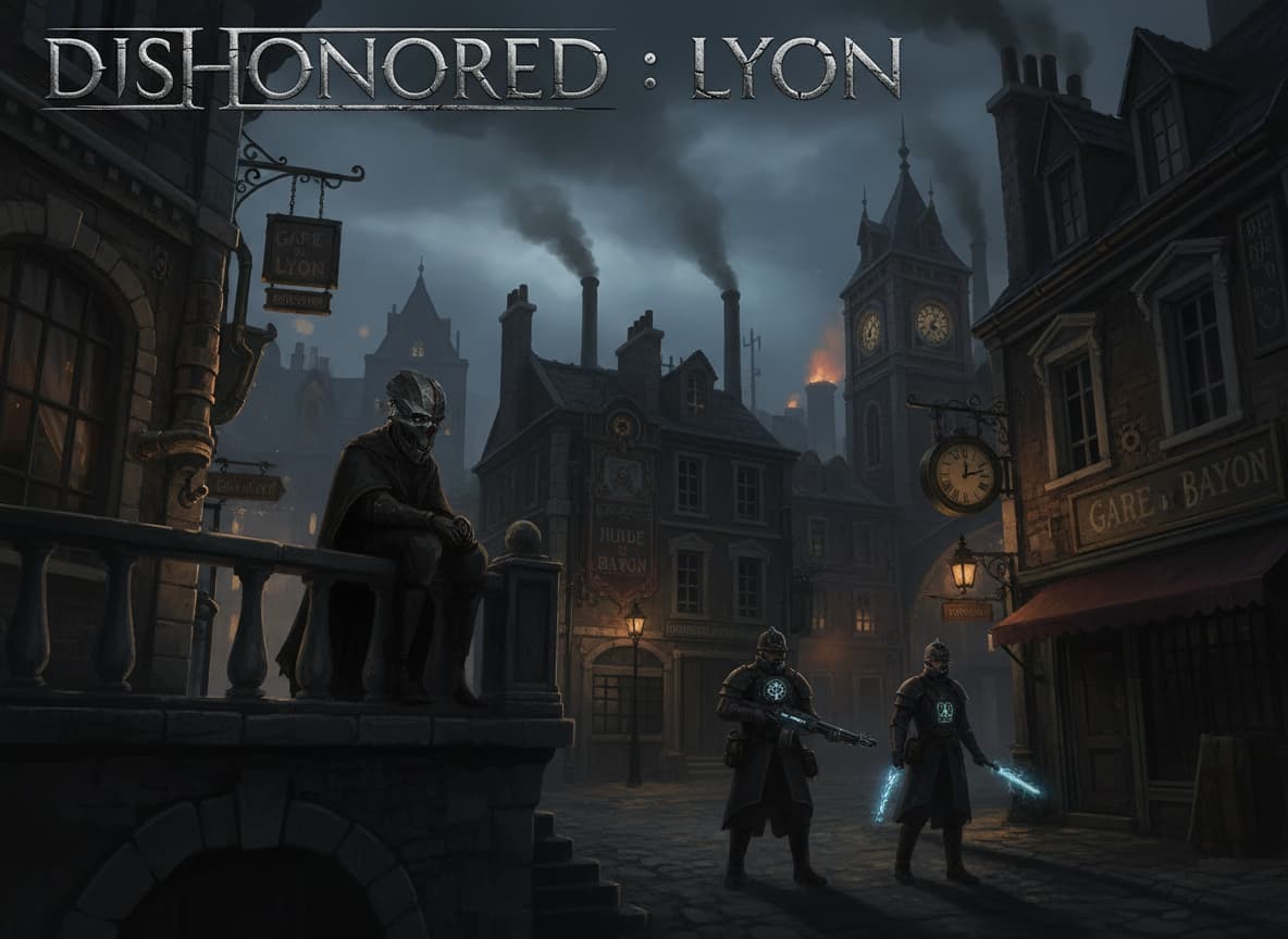 Personnage masqué observe des gardes depuis un balcon dans une ville steampunk sombre aux détails architecturaux victoriens et inscription Dishonored Lyon.