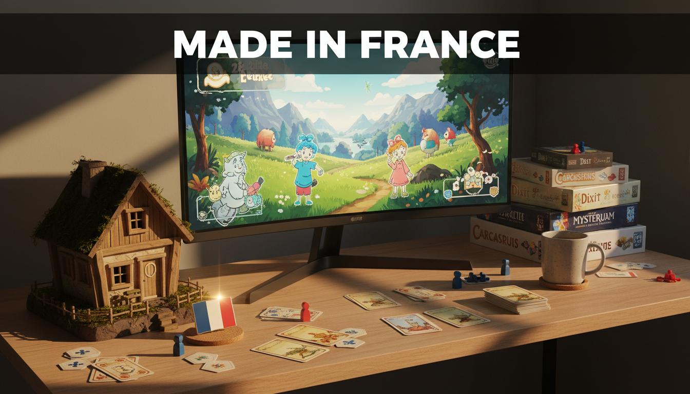 Bureau avec jeu vidéo indépendant sur écran, chalet en bois miniature, pions de jeux de société colorés, et drapeau français sous un texte Made in France.