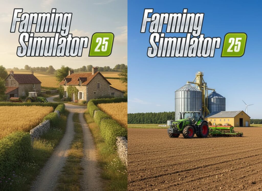 Vue comparant un paysage rural français avec murs de pierre et une prairie américaine avec grands silos à grains.