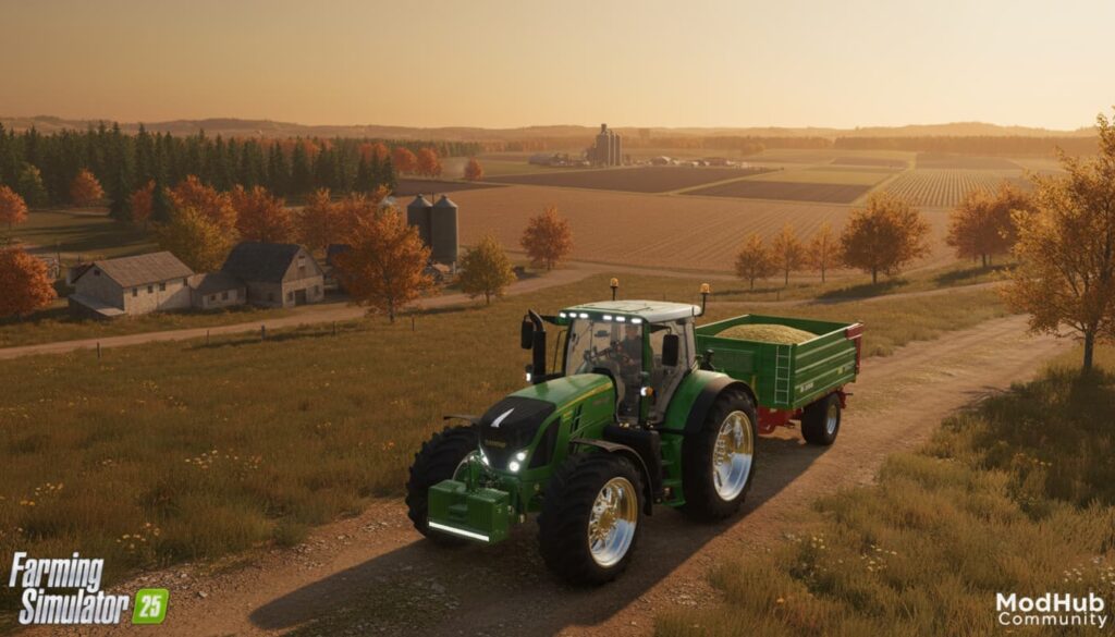 Un tracteur moderne personnalisé stationne sur un chemin de terre devant un vaste paysage agricole de collines et de plaines sous une lumière dorée.