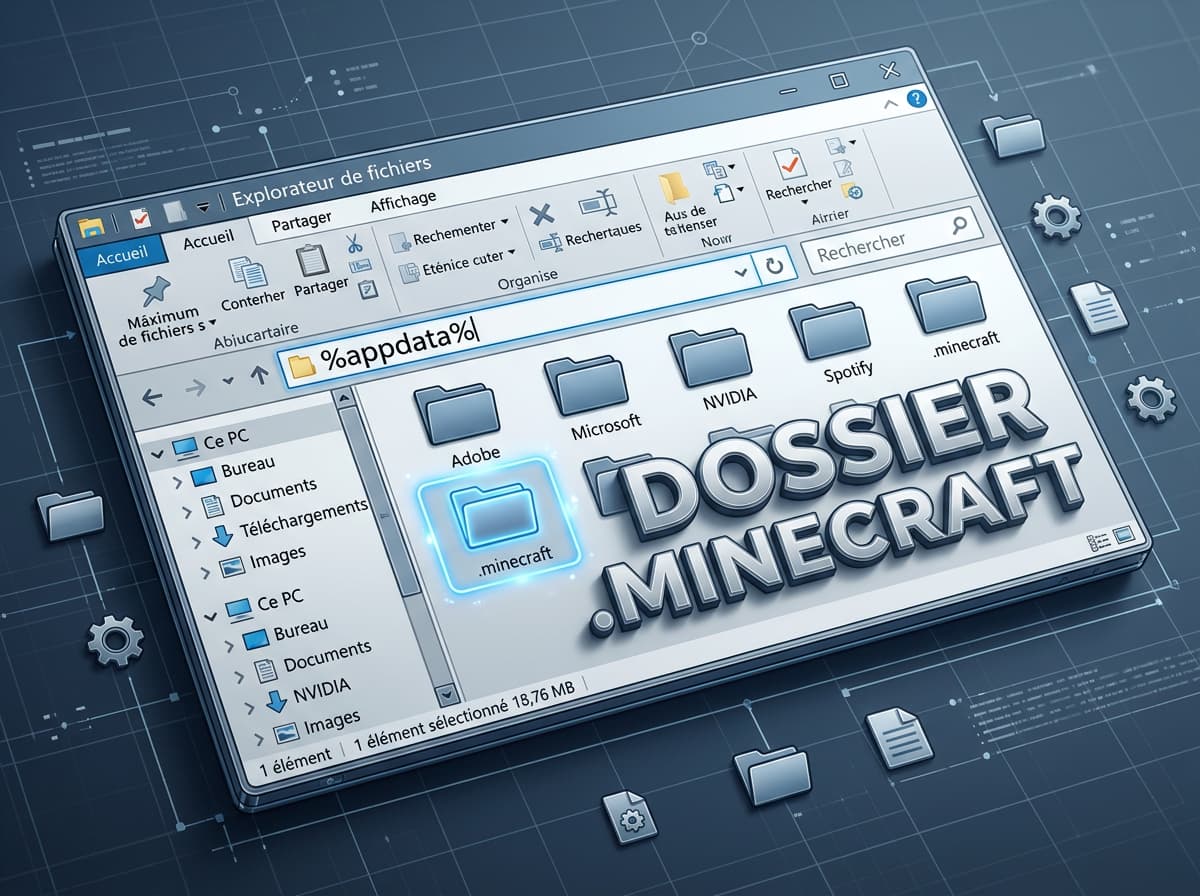 Fenêtre de l'Explorateur Windows avec le dossier .minecraft surligné en bleu et le texte 'DOSSIER .MINECRAFT' en superposition.