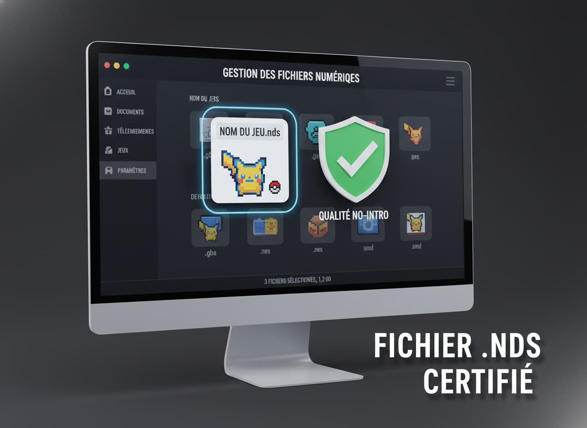 Un fichier .nds avec une icône Pokémon est mis en évidence sur un écran d'ordinateur, accompagné d'un badge vert de certification et du texte 'Fichier .nds certifié'.