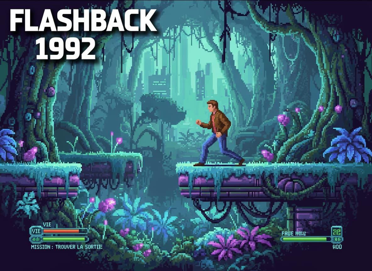Un héros en veste marron explore une jungle extraterrestre bioluminescente au style rotoscopé avec l'inscription FLASHBACK 1992 en surimpression.