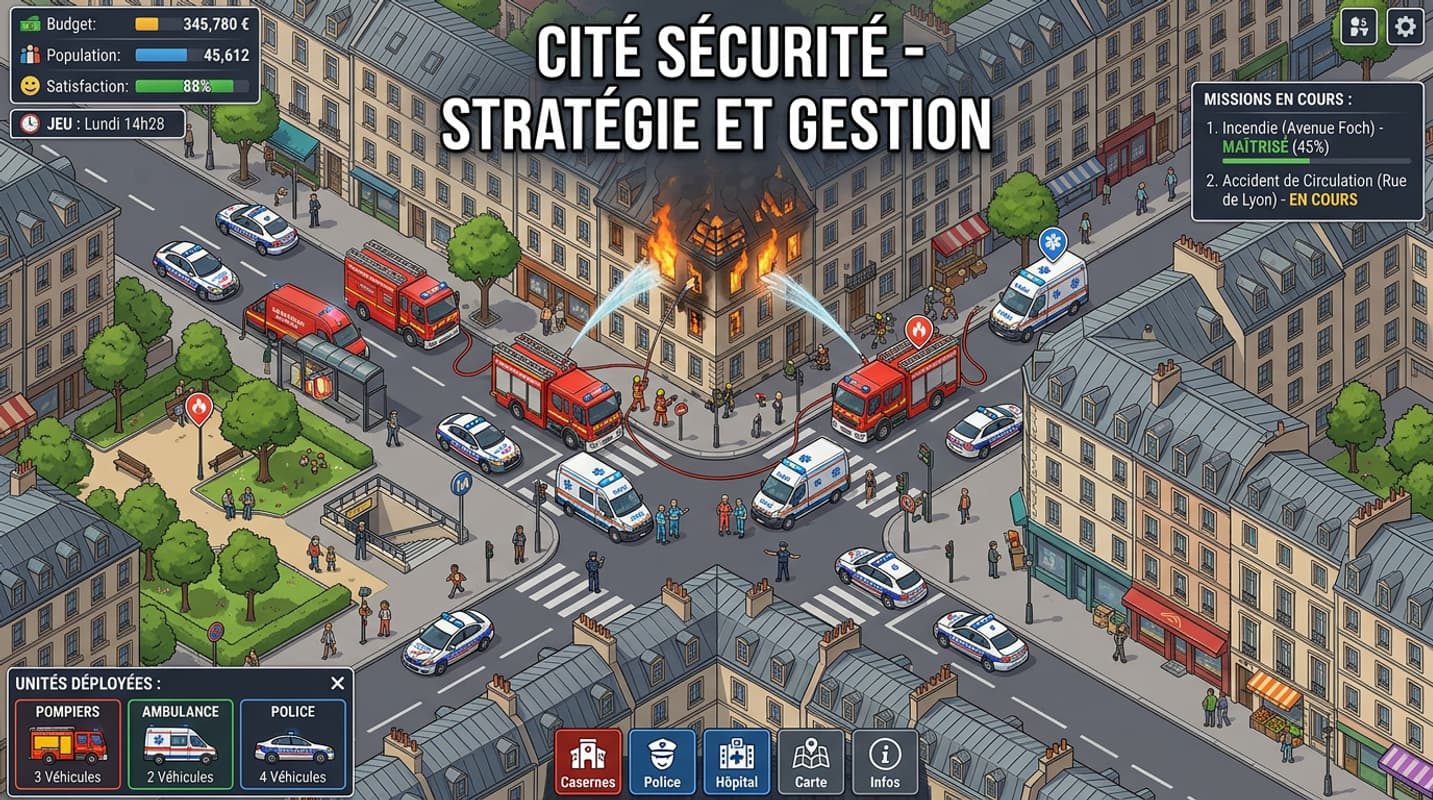 Scène de jeu dynamique montrant un petit pompier cartoon arrosant des flammes dans un immeuble de bureaux en feu, avec une interface affichant un chronomètre et une barre de santé, et le texte 'ACTION ROGUELIKE' en superposition.